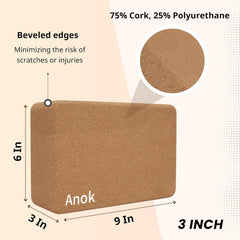 Anok™ Yoga Block - Fine-Grain Cork Block, Yoga Equipment, Home Gym Accessory, Pilates Tool, Lightweight for Travel, Extra Firm Workout Accessory with Comfortable Edges