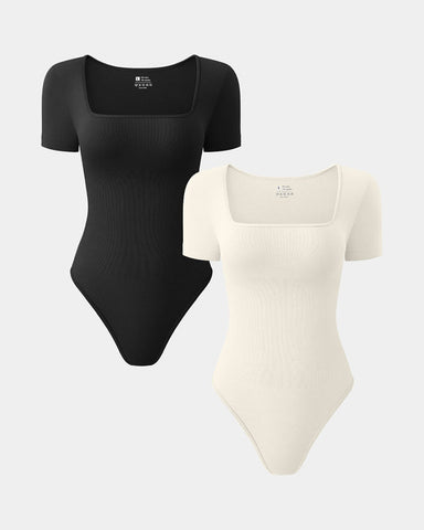 [2 Pieces]Square Neck Short Sleeve Bodysuits