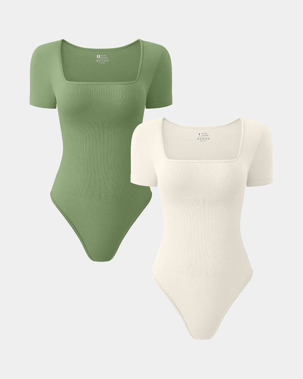 [2 Pieces]Square Neck Short Sleeve Bodysuits