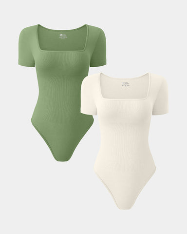 [2 Pieces]Square Neck Short Sleeve Bodysuits