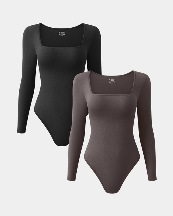 [2 Pieces]Square Neck Long Sleeve Bodysuits