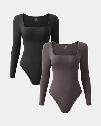 [2 Pieces]Square Neck Long Sleeve Bodysuits