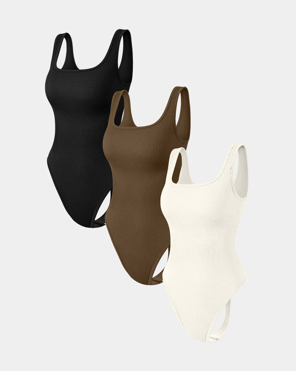 [3 Pieces]Sleeveless Square Neck Thongs Bodysuits