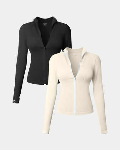 [2 Pieces]Long Sleeve Front Zipped Tops