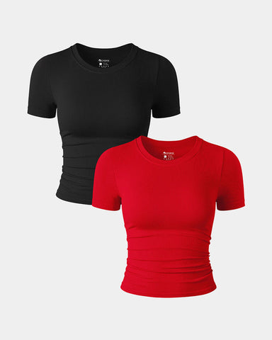 [2 Pieces]Short Sleeve Neck Ruched Fitted Crop Tops
