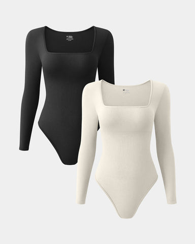 [2 Pieces]Square Neck Long Sleeve Bodysuits