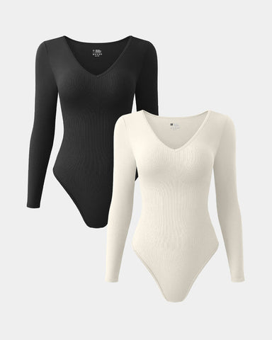 [2 Pieces]V Neck Long Sleeve Bodysuits