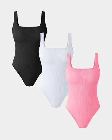 [3 Pieces]Square Neck Basic Bodysuits