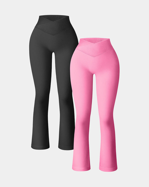 2 Pieces Ribbed Seamless High Waist Cross Over Bell Bottoms Leggings