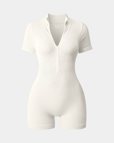 Ribbed Short Sleeve Zip Romper