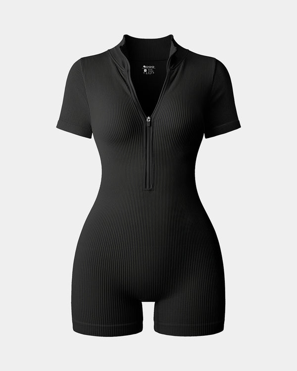 Ribbed Short Sleeve Zip Romper