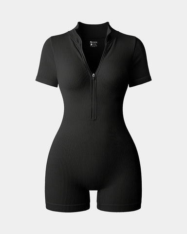 Ribbed Short Sleeve Zip Romper