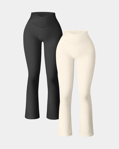 2 Pieces Ribbed Seamless High Waist Cross Over Bell Bottoms Leggings