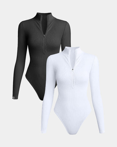 [2 Pieces]Zip Front Long Sleeve Bodysuits