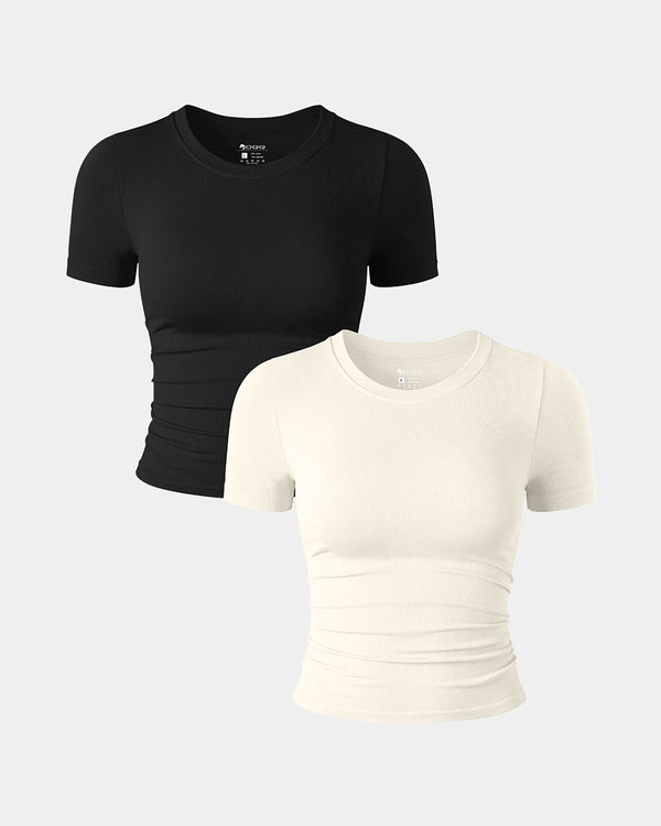 [2 Pieces]Short Sleeve Neck Ruched Fitted Crop Tops