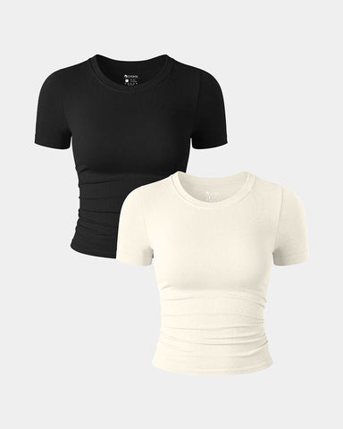 [2 Pieces]Short Sleeve Neck Ruched Fitted Crop Tops