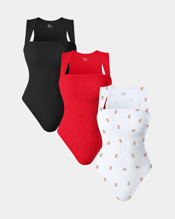[3 Pieces]Square Neck Sleeveless Bodysuits